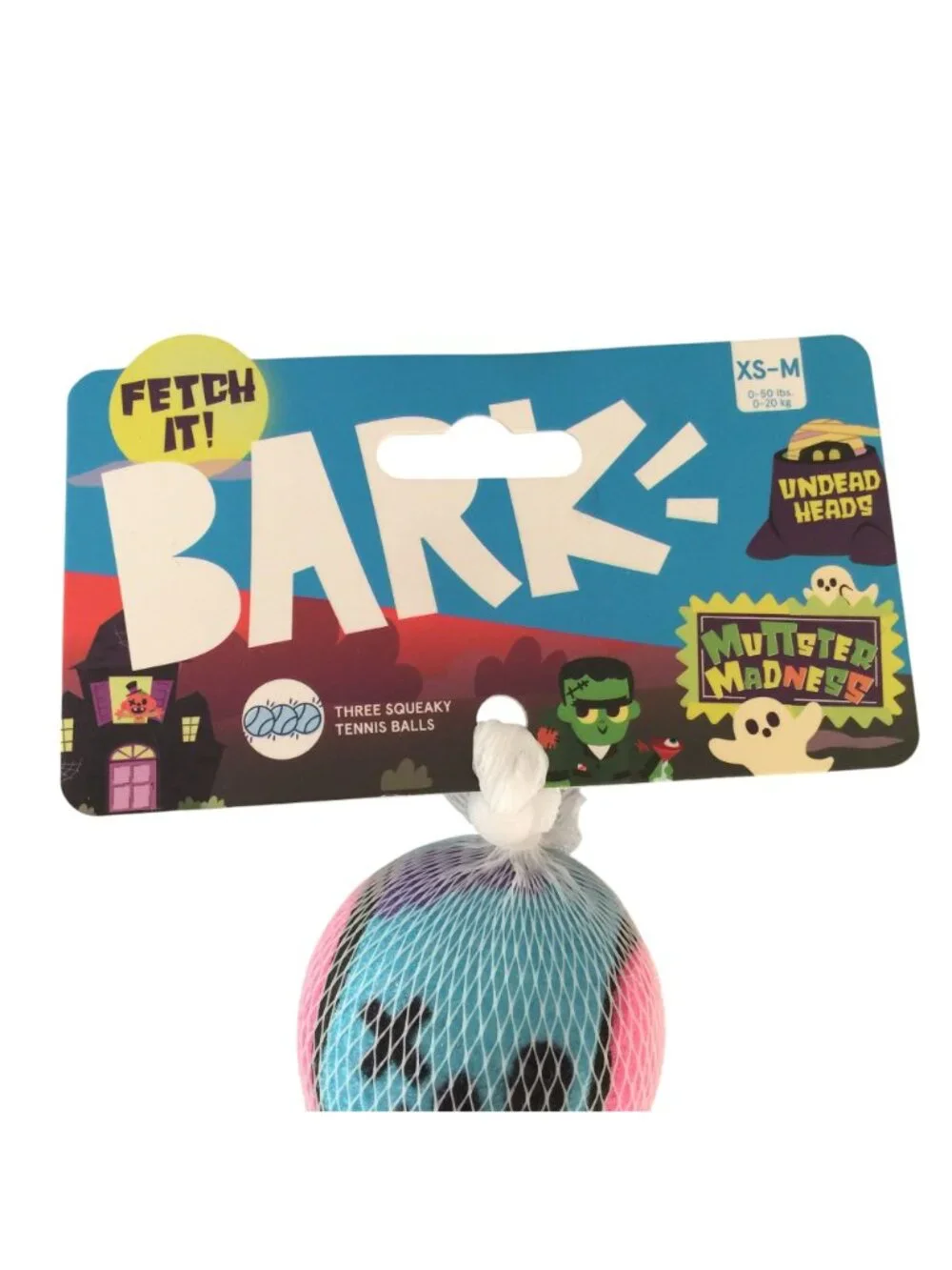 BARK Halloween Munster Madness Undead Heads Fetch It 3 Squeaky Tennis Balls